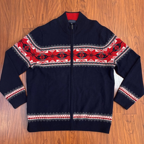 Brooks Brothers Full Zip Sweater Mens XXL Navy Red Italian Yarn Merino Wool